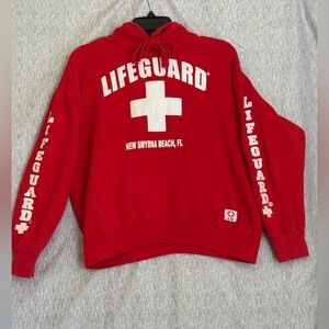 Lifeguard Red Hoodie Pullover New Smyrna Beach FL Long Sleeve Sz M Women
